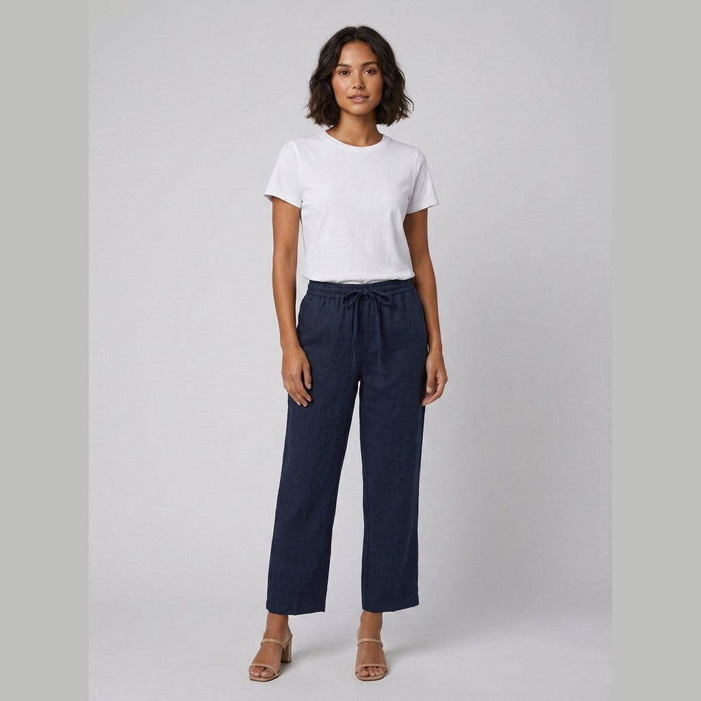 Haru wide-leg cropped linen trousers in navy blue