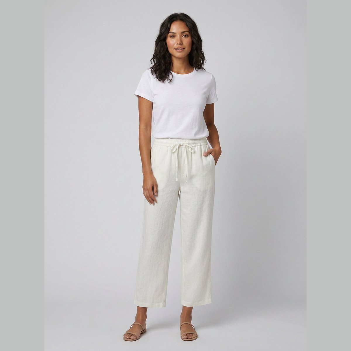 Haru wide-leg cropped linen trousers in ivory white