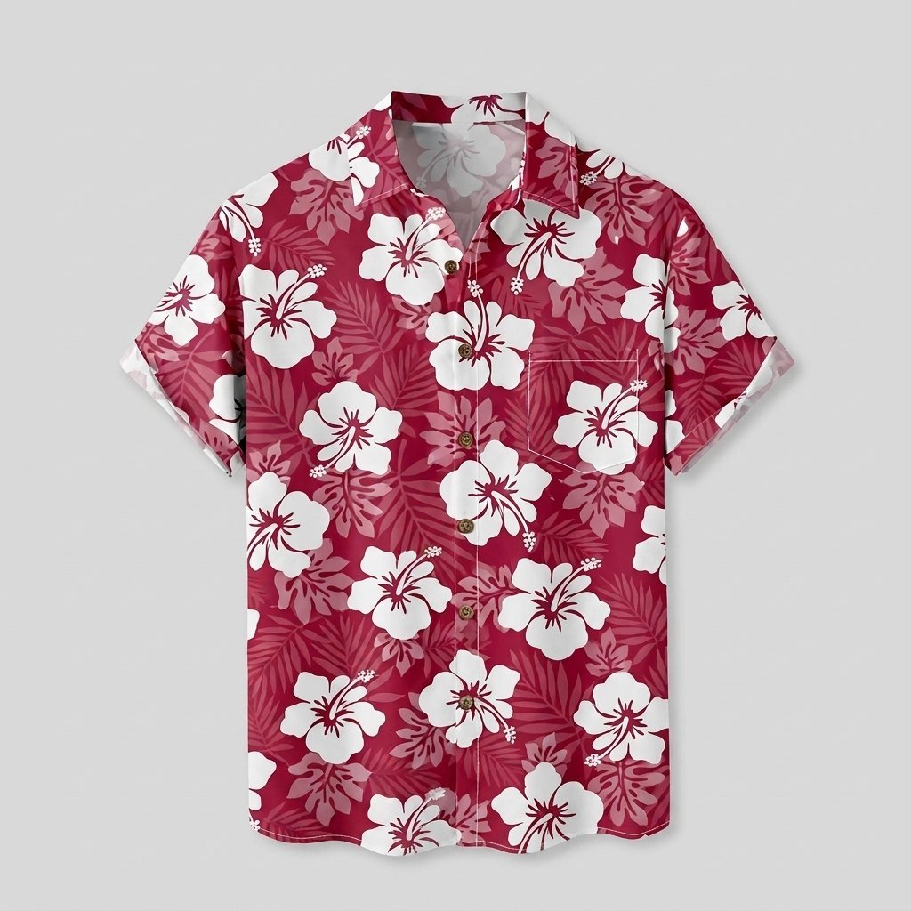 Hibiscus Hawaiian shirt red flat lay front