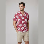 Hibiscus Hawaiian shirt red on male model three quarter