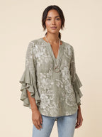 Isabella bohemian flutter-sleeve blouse in sage green floral