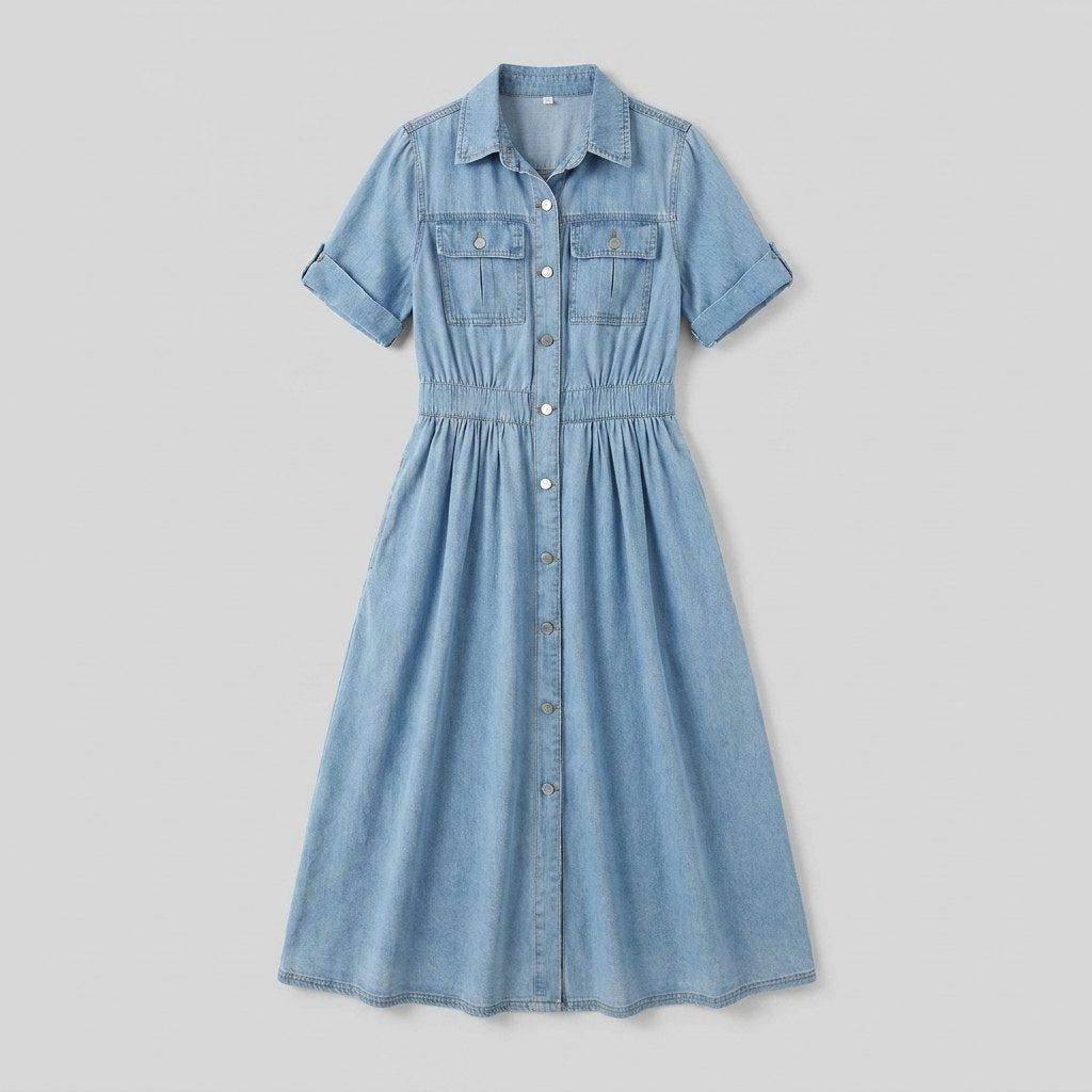 Isabelle Belted Denim Shirt Dress flat lay