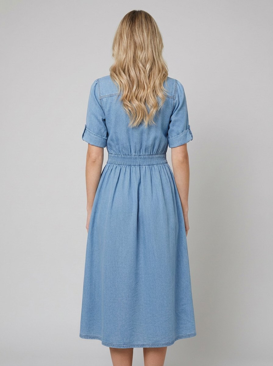Isabelle Belted Denim Shirt Dress back view