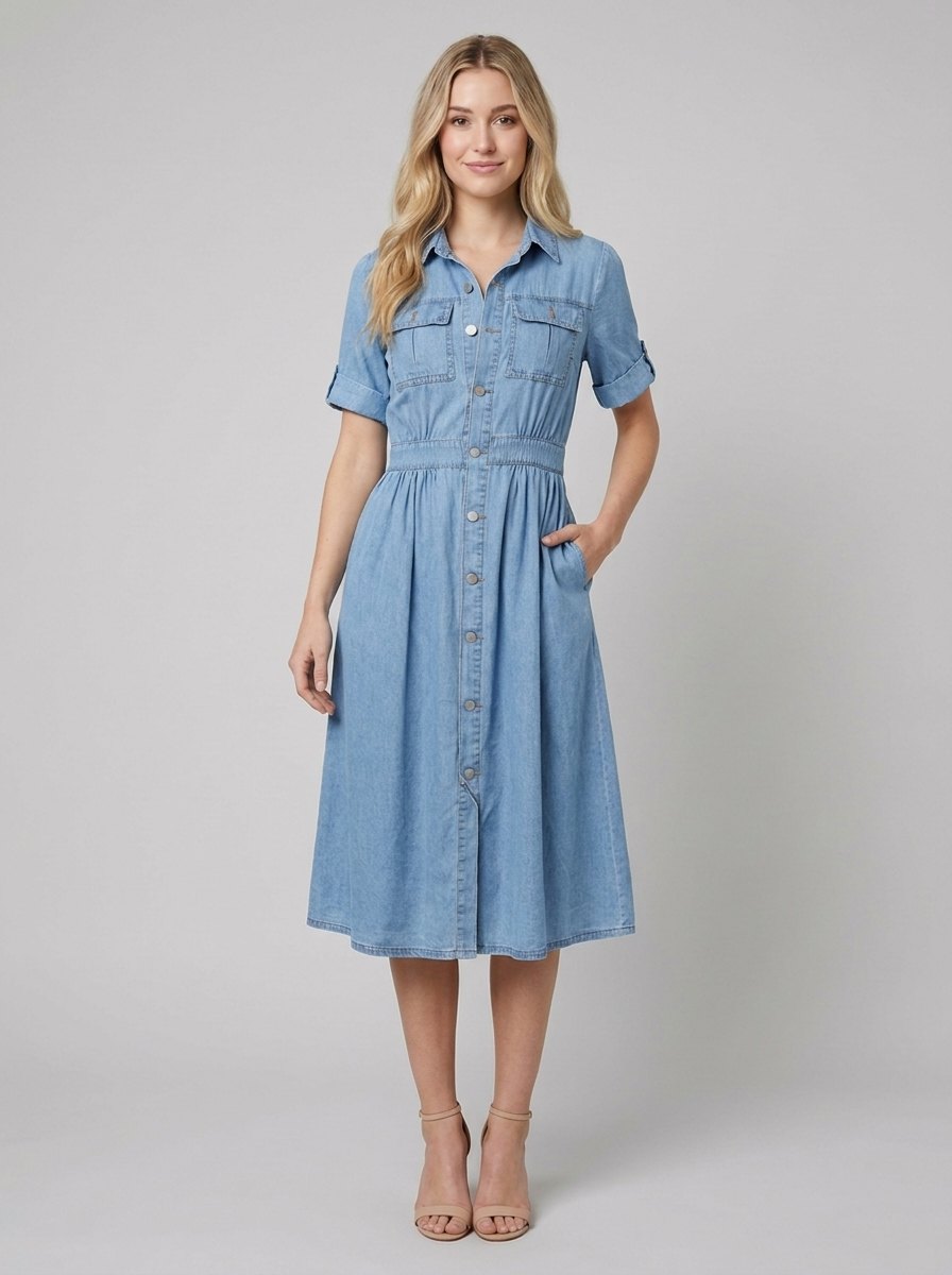 Isabelle Belted Denim Shirt Dress light blue front