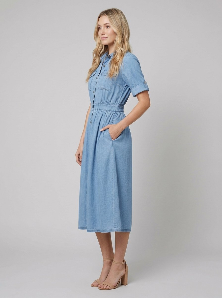 Isabelle Belted Denim Shirt Dress side view