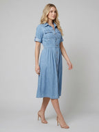Isabelle Belted Denim Shirt Dress walking pose