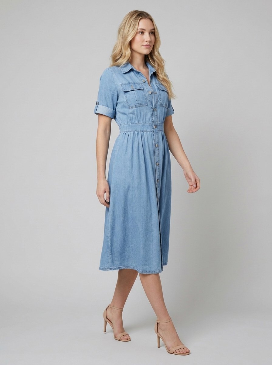 Isabelle Belted Denim Shirt Dress walking pose