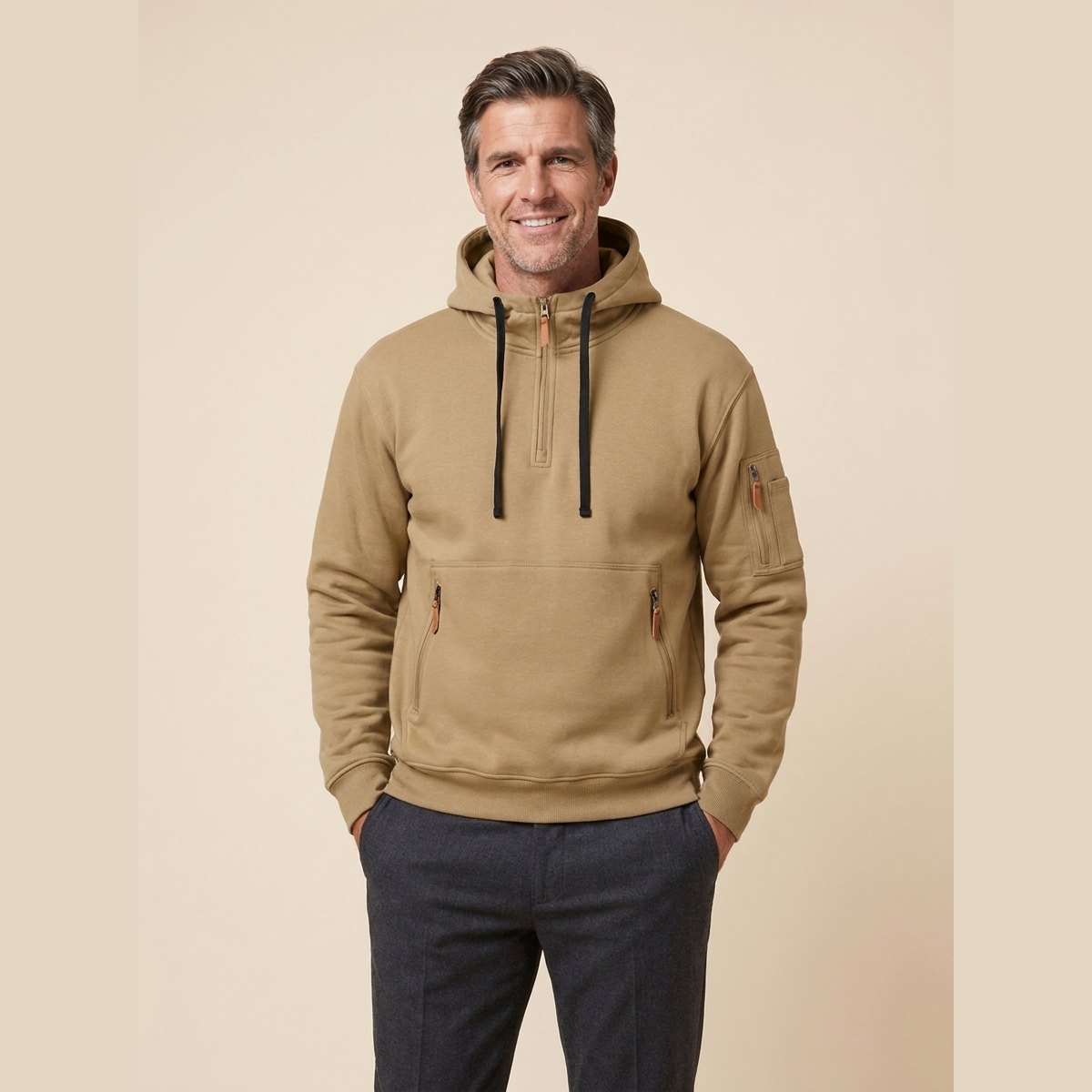 Leon cozy half-zip hoodie in beige tan on model