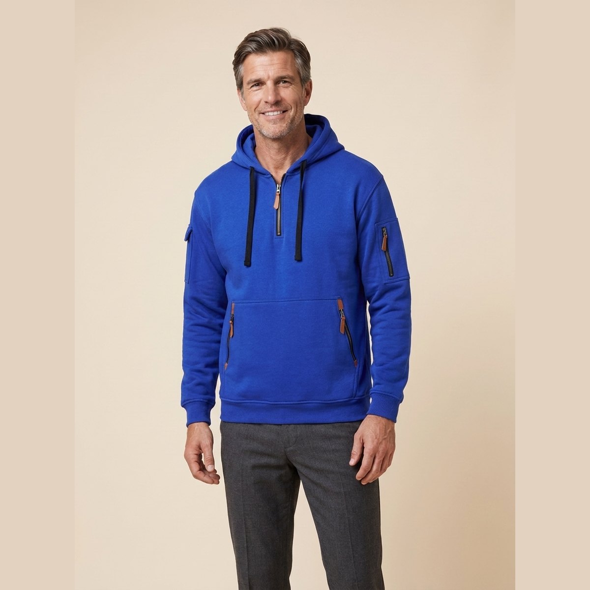 Leon cozy half-zip hoodie in blue on model