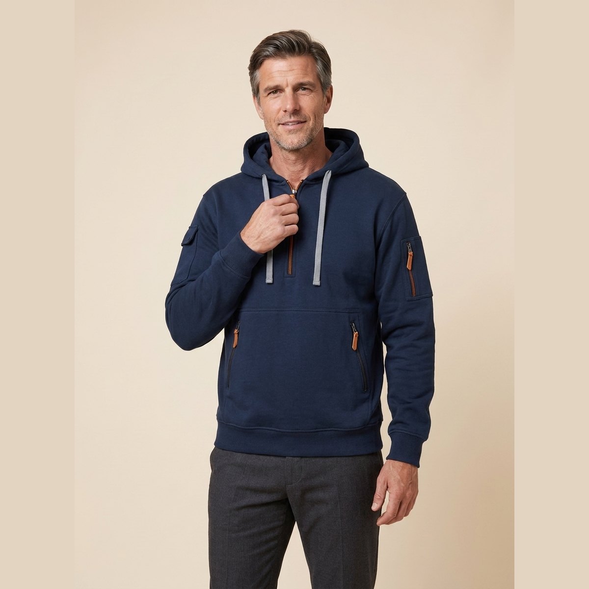 Leon cozy half-zip hoodie in dark blue navy on model