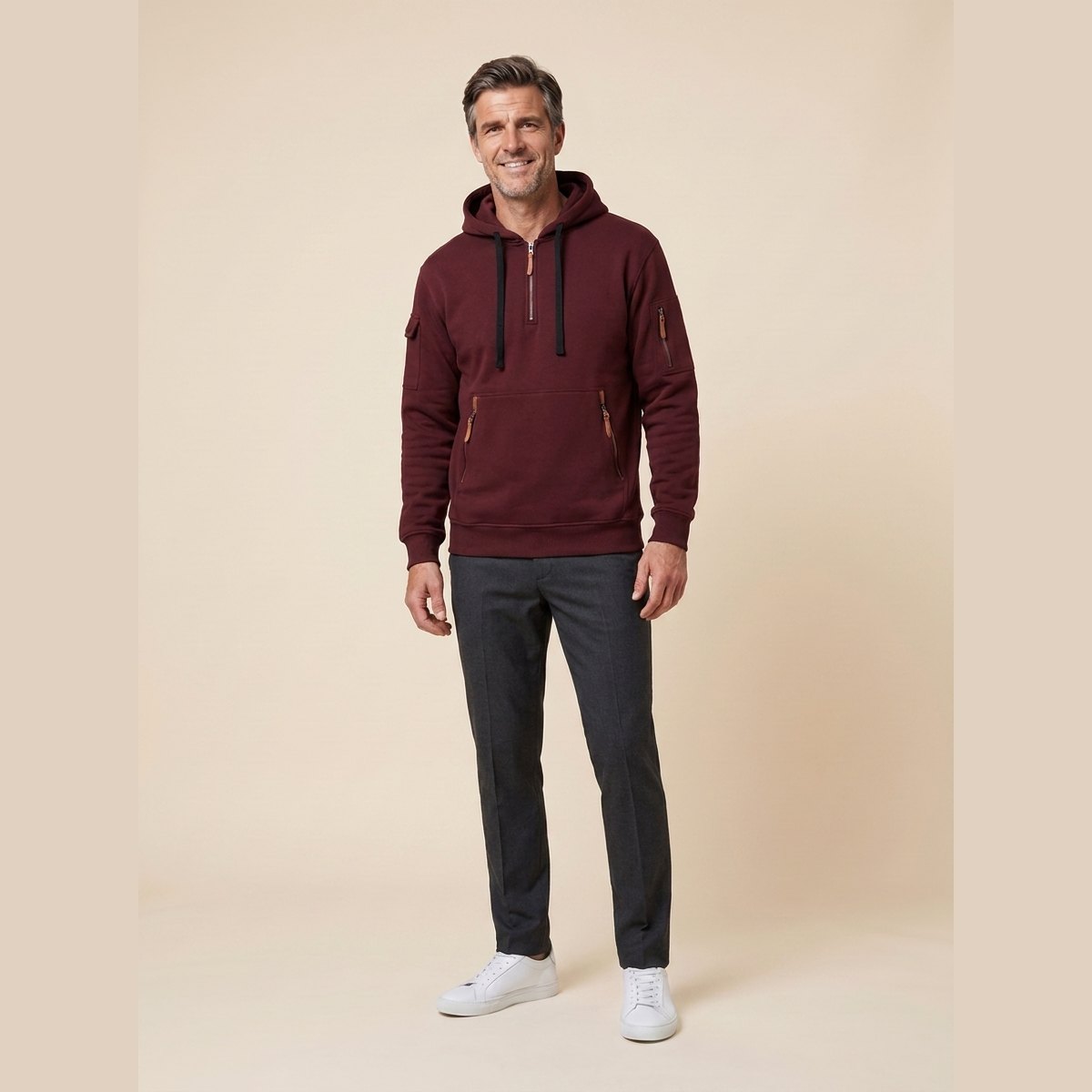 Leon cozy half-zip hoodie in dark red burgundy on model