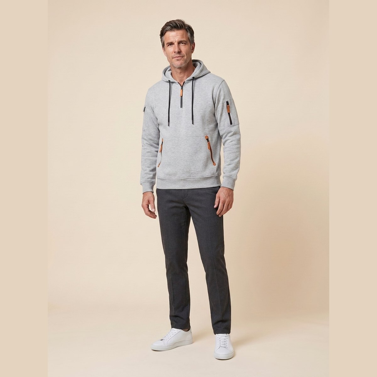 Leon cozy half-zip hoodie in grey on model