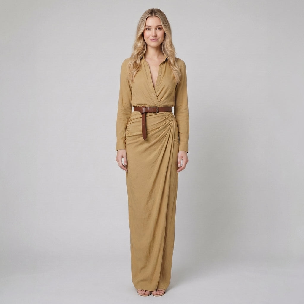 Luna long sleeve maxi dress lapel khaki