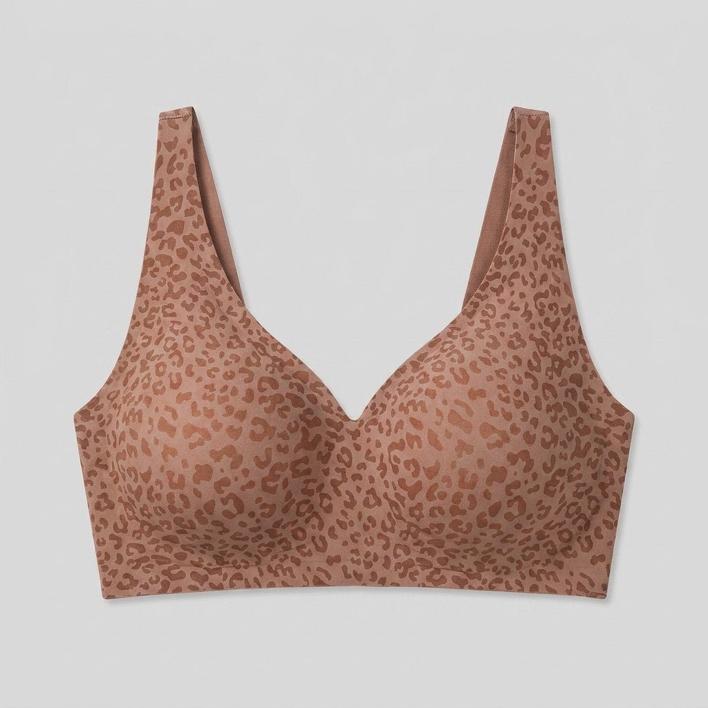 Brown leopard wireless V-neck bra flat-lay