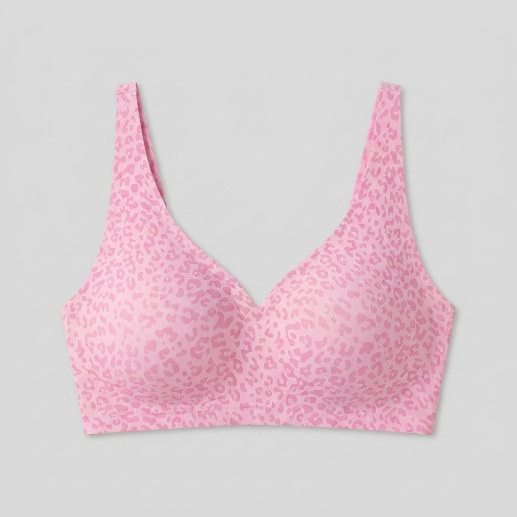 Pink leopard wireless V-neck bra flat-lay