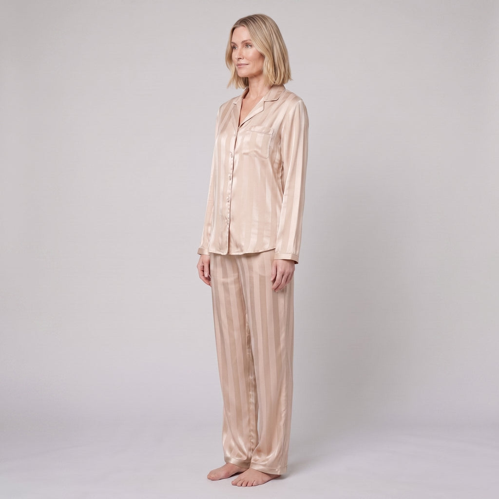 Luxe satin pyjama set in champagne beige, side view on model