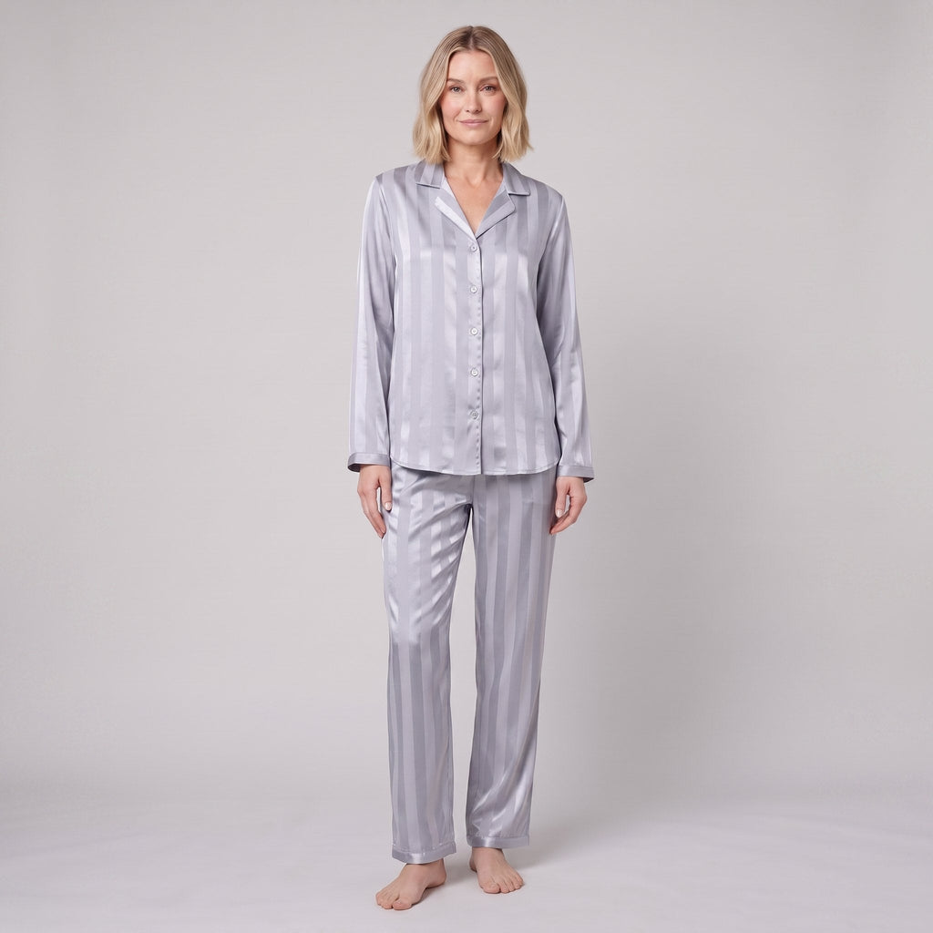 Luxe satin pyjama set in silver blue, front view on model