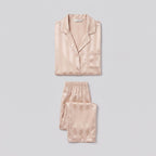 Luxe satin pyjama set in champagne beige, two-piece product flat-lay
