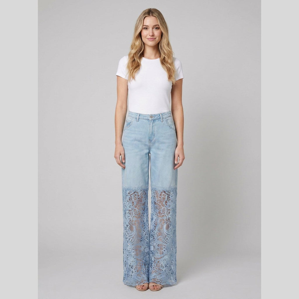 Luxe wide-leg light blue denim jeans with lace inserts, on model front