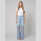Luxe wide-leg light blue denim jeans with lace inserts, on model front