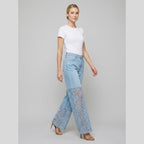 Luxe wide-leg denim jeans with lace inserts, on model walking