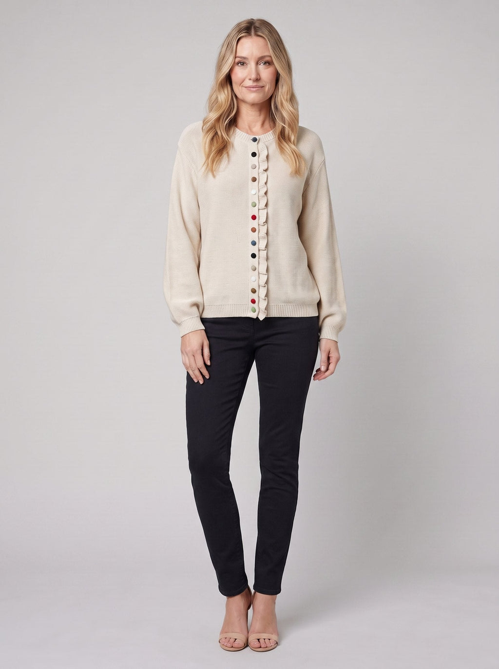 MARGOT cotton cardigan in beige, front view relaxed pose