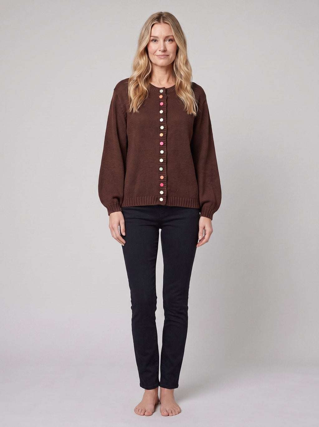 MARGOT cotton cardigan in dark brown, front view
