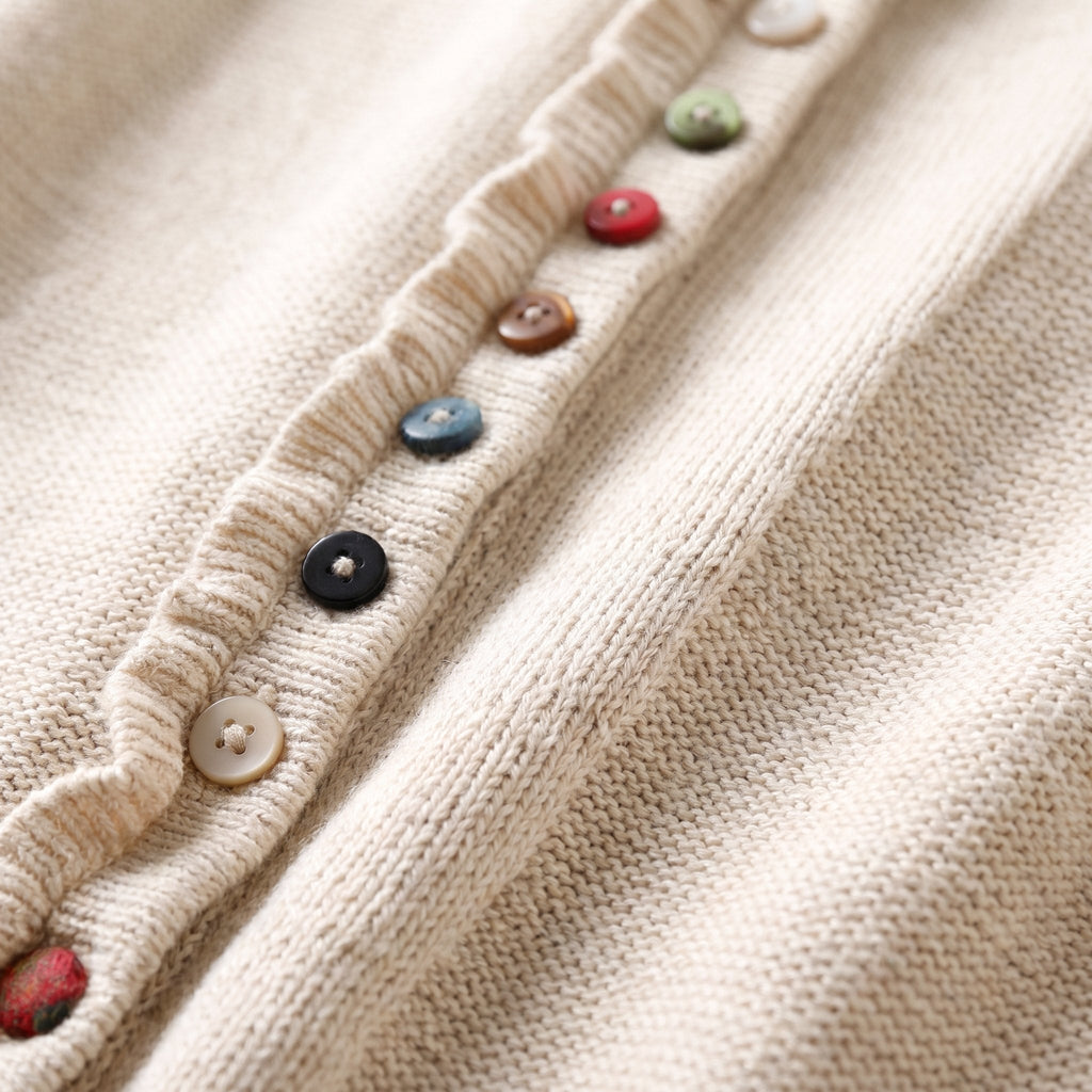 MARGOT cotton cardigan, ruffle placket and multicolor buttons fabric detail