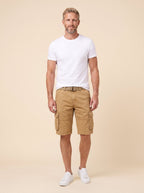Maverick men's cargo shorts camel tan, front view on model
