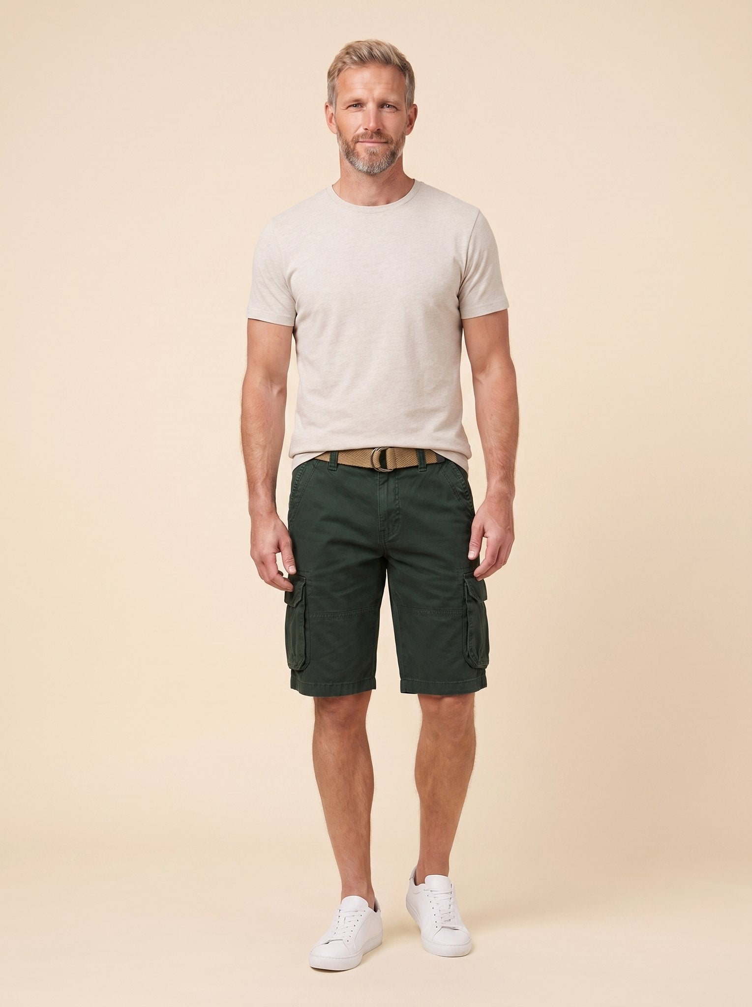 Maverick men's cargo shorts dark green, front view on model