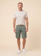 Maverick men's cargo shorts olive green, front view on model