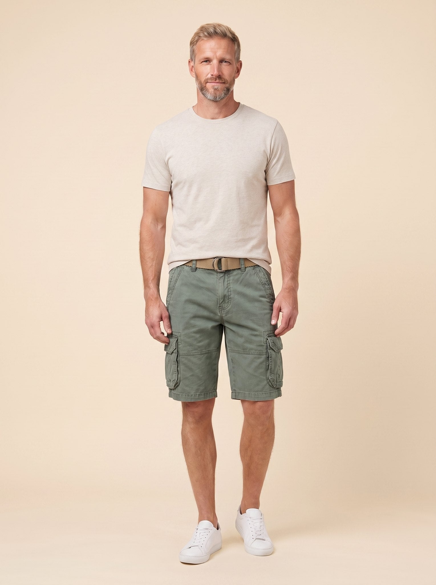 Maverick men's cargo shorts olive green, front view on model