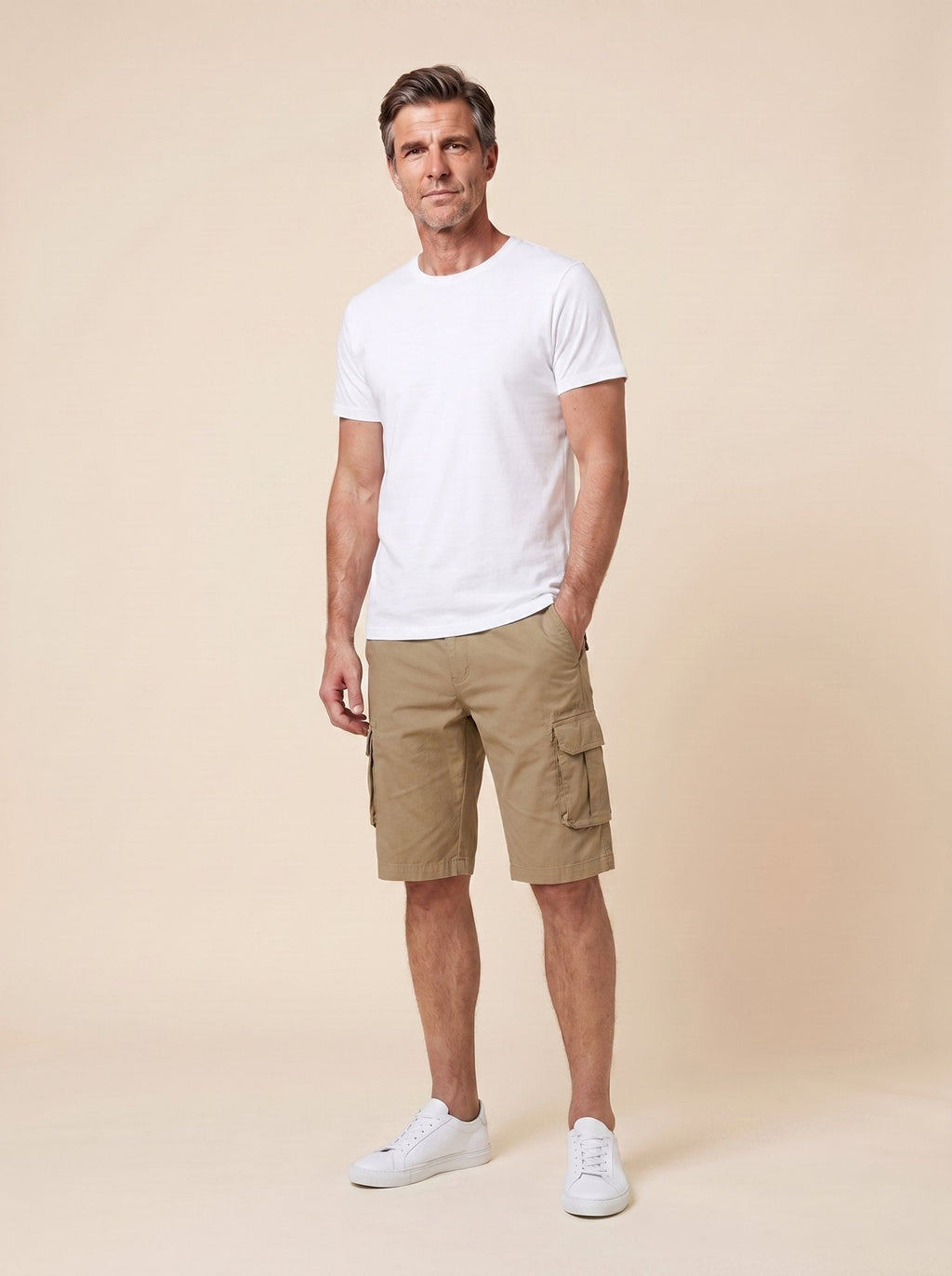 Maverick men's cargo shorts khaki on model front