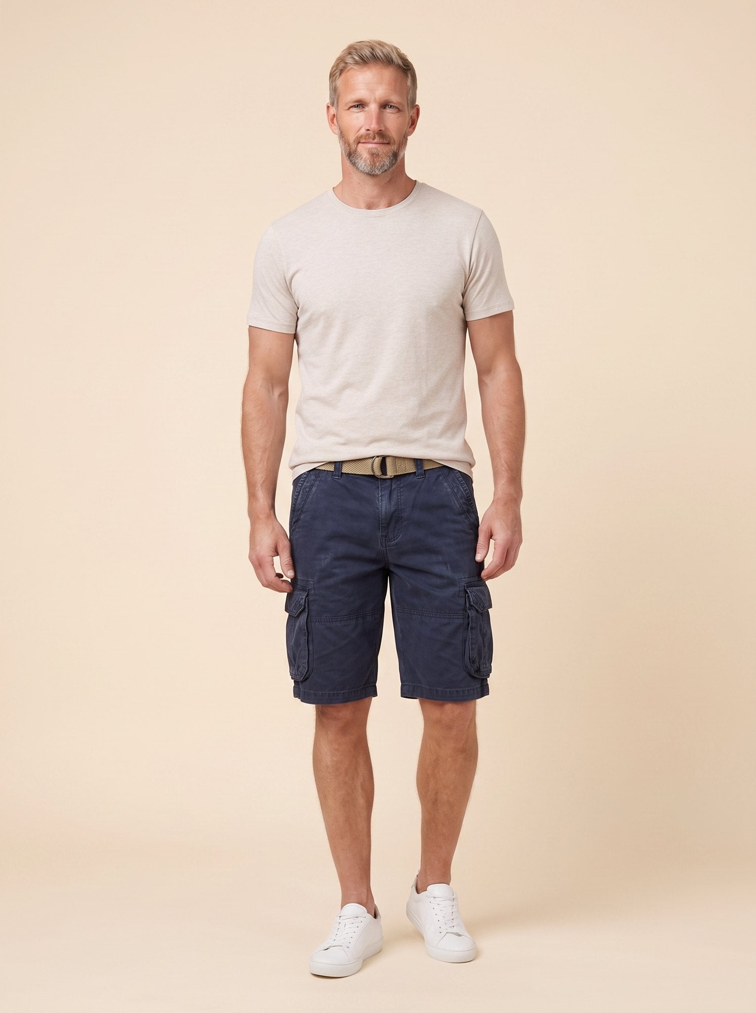 Maverick men's cargo shorts navy blue, front view on model