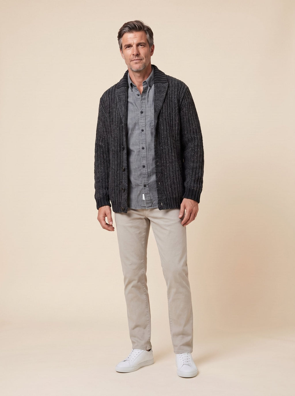 Max comfortable men's cardigan in dark gray, front view