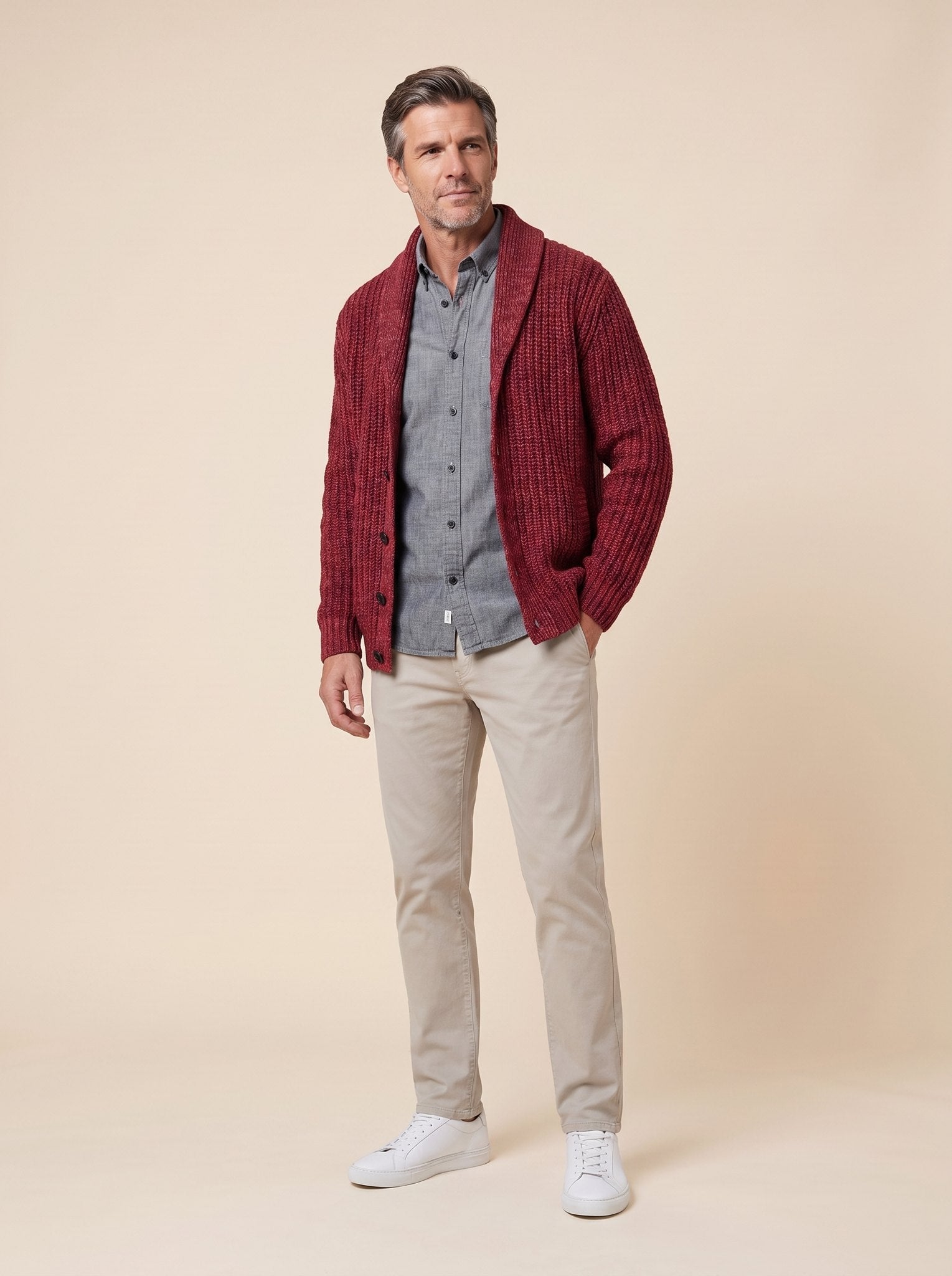 Max comfortable men's cardigan in red, front view relaxed pose