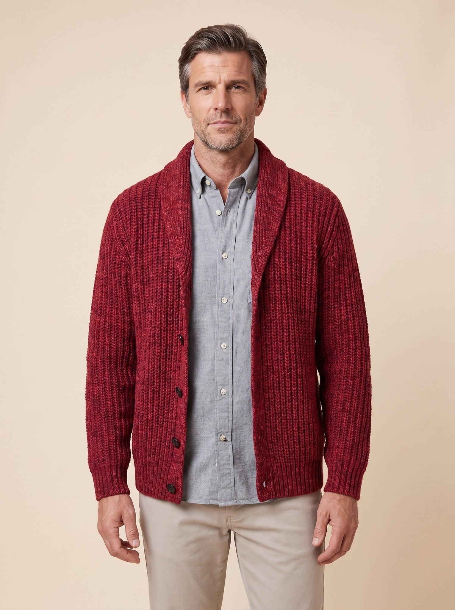 Max comfortable men's cardigan in red, front view