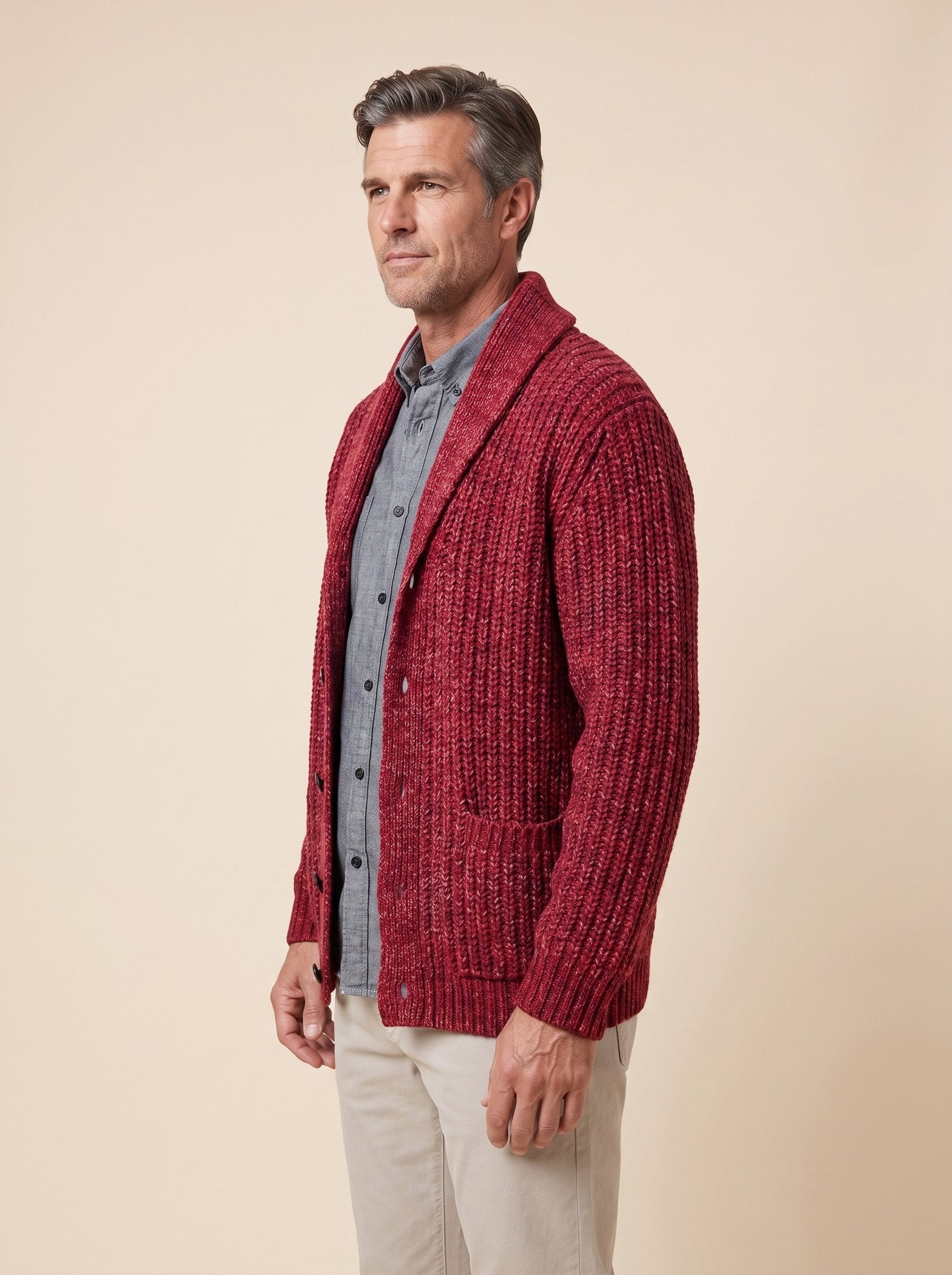 Max comfortable men's cardigan in red, side view