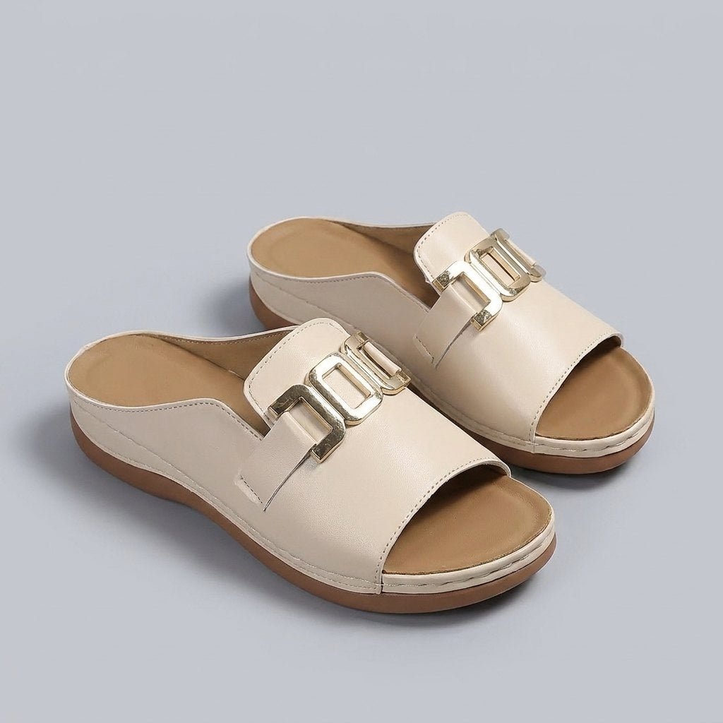 Mela slip-on slide sandals Beige with gold buckle