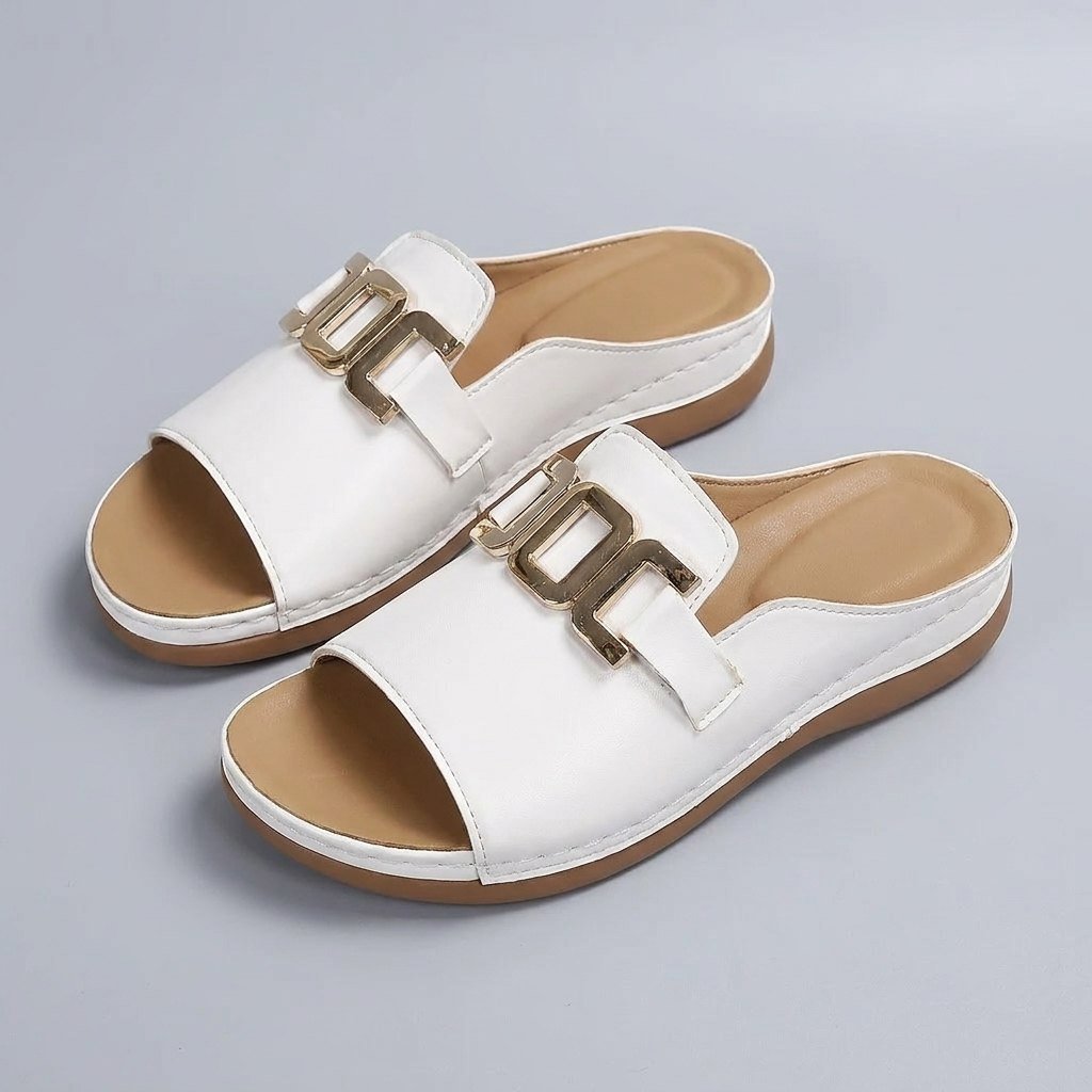 Mela slip-on slide sandals White with gold buckle