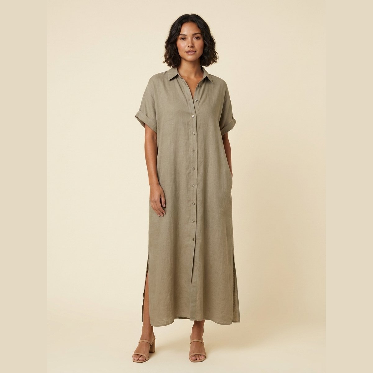 Mira linen shirt dress beige on model