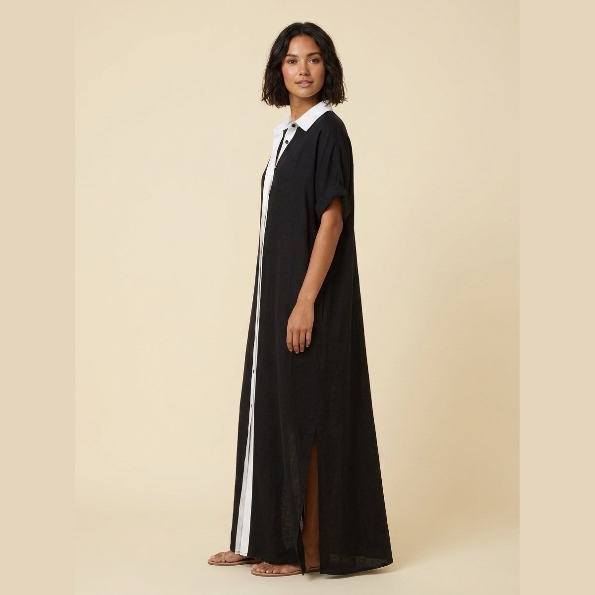 Mira linen shirt dress black on model