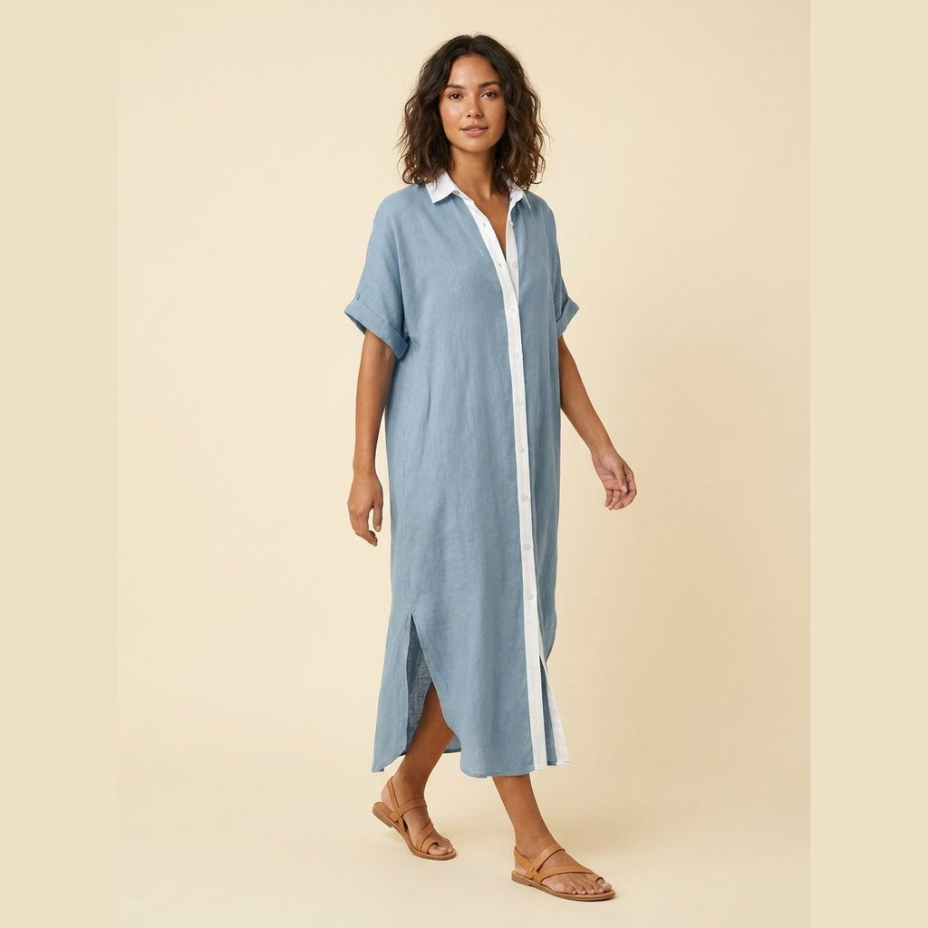 Mira linen shirt dress blue on model