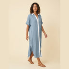 Mira linen shirt dress blue on model