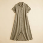 Mira linen shirt dress flat lay beige