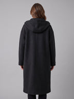 Nordin lightweight hooded wool coat in black, back view on model