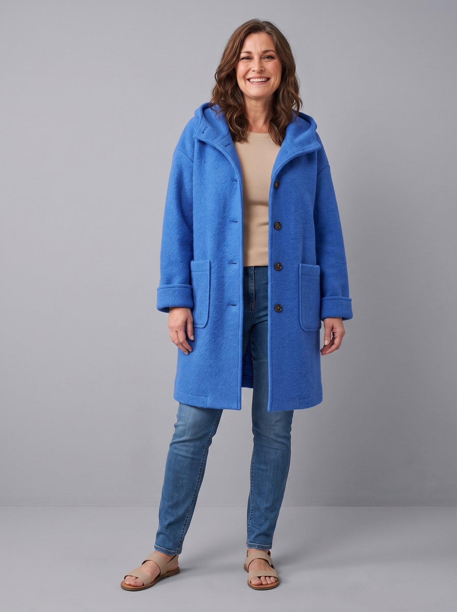Nordin lightweight hooded wool coat in royal blue, front view on model