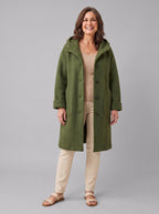Nordin lightweight hooded wool coat in olive green, front view on model