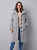 Nordin lightweight hooded wool coat in light heather grey, front view on model