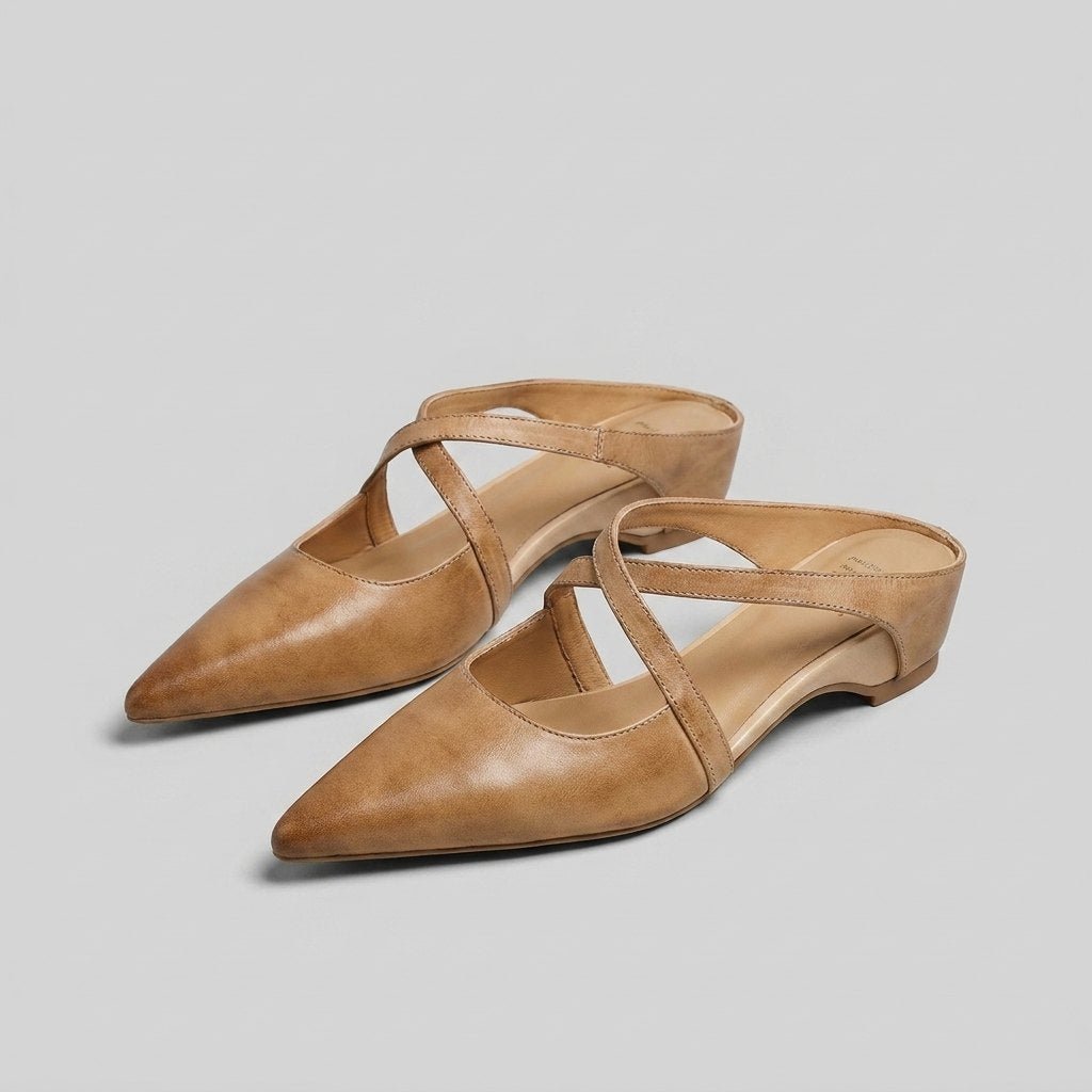 Palma women's pointed-toe criss-cross mules in camel leather
